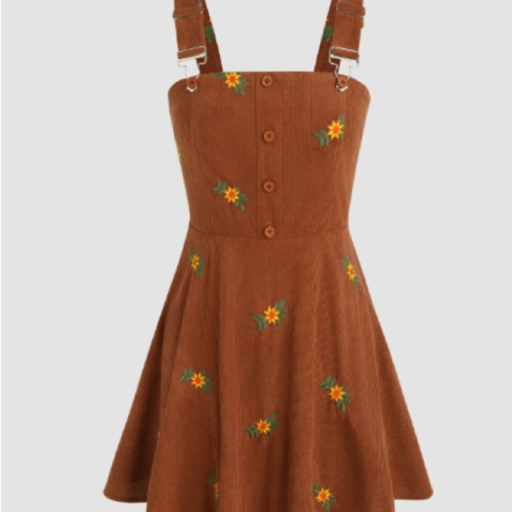 Cider Rust Brown Embroidered Floral Corduroy Mini Dress